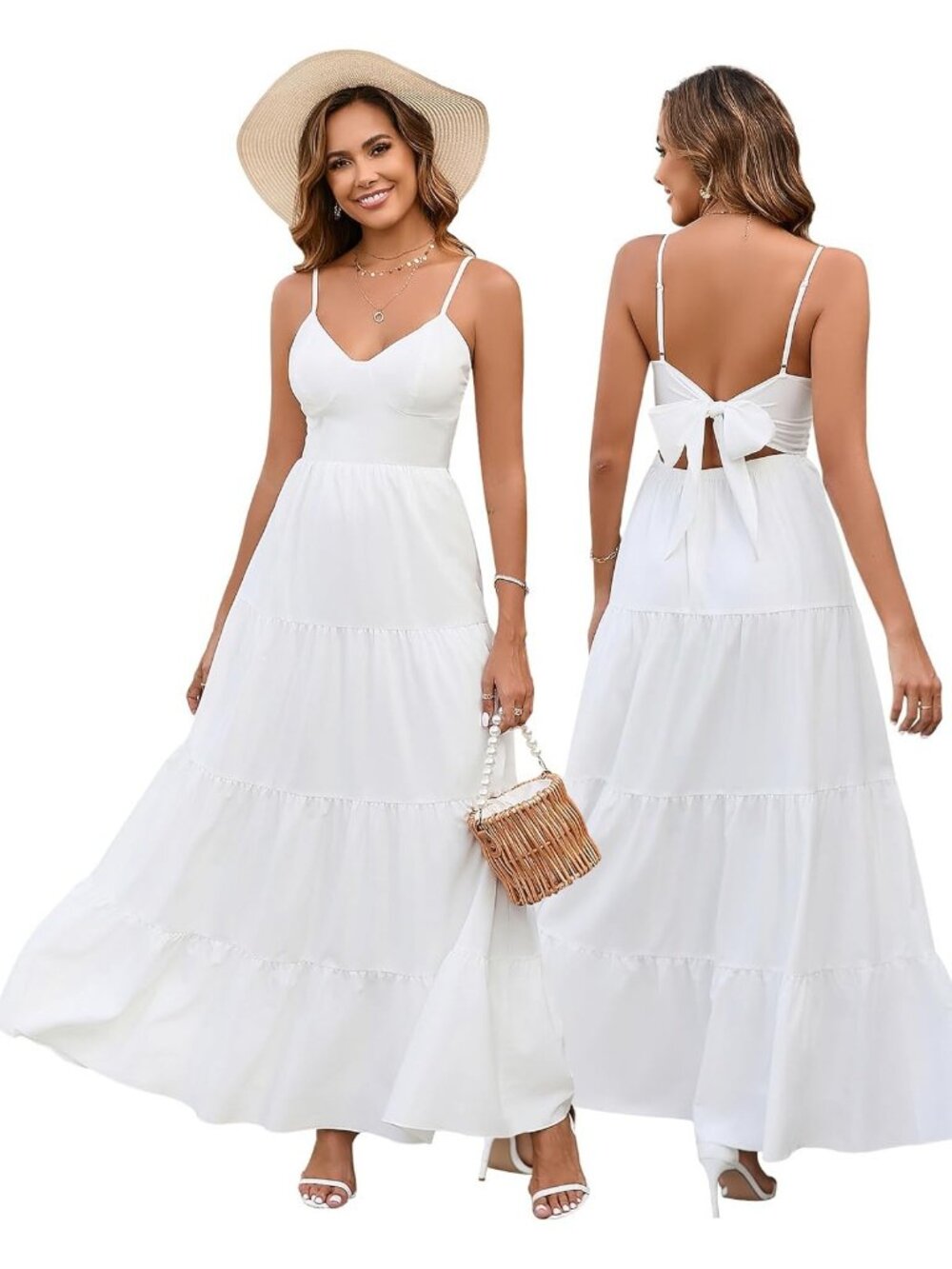 Women's White Boho Floral Maxi V-Neck Backless Tie Strap Flowy Sundress
